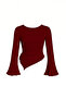 Burgundy Crew Neck Draped Detail Bell Sleeve Modest-Compatible Top Blouse - 2