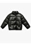 Stand Collar Pocket Long Sleeve Faux Leather Puffer Coat