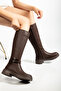 Women's Brown Leather Thick Thermo Sole Buckle Zippered Boots