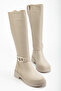 Women's Beige Leather Thick Thermo Sole Buckle Zippered Boots - 3