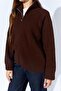 Women's Brown Stand Collar Cardigan with External Zipper - 5