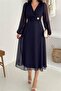 Women's Ruched Waist Buckled Midi Chiffon Dress DPK4329 - 4