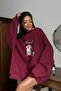 Women's Oversize Sweatshirt Dress Blessed Bunny Printed Burgundy – Crew Neck, 3 Thread Fleece - 2