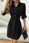 New Season Women's Imported Linen Dress Long Sleeve Front Buttoned Belted Mini Model - 4