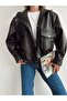 New Season Oversize Women's Leather Jacket with Pocket and Rubber Detail - 4
