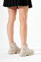 Women's Beige Leather Thick Poly Sole Elastic Ankle Lace-Up Boots - 4