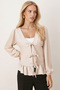 Women's Ecru Front Tie Blouse with Ruffled Hem and Elasticated Sleeves Arm-26K001019