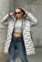 Women's Gray Quilted Zippered Hooded Long Puffer Coat - 5