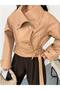 Women's Belted Mock Neck Leather Trench Coat - 6