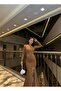 Stretchy Crepe Fabric Front Side Stone Detail Slit Evening Dress 583132 Taupe - 2