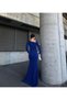 Flexible glitter fabric boat neck shoulder stone detailed slit evening dress 583047 cobalt blue - 3