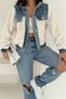 Ecru Plush Coat with Elastic Waist and Denim Detail Hooded Short Fur Jacket - 6