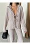 Brown Front Lace-Up Short Kimono Pants Set