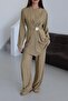 Khaki Gold Brooch Blouse Pants Set - 6