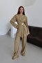 Khaki Gold Brooch Blouse Pants Set