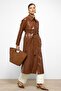 Shirt Collar Raglan Sleeve Cape and Bag Pocket Detail Leather Trench Coat Taba 6760