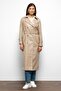 Epaulet Detailed Double Breasted Leather Trench Coat Stone 6756 - 3