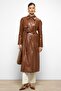 Shirt Collar Raglan Sleeve Cape and Bag Pocket Detail Leather Trench Coat Taba 6760 - 5