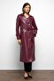 Epaulet Detailed Double Breasted Leather Trench Coat Bordo 6756 - 4