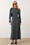 Crew Neck Thick Ribbed Long Knit Dress Gray 9363-E - 5