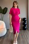 Bat Sleeve Shoulder Pleated Fuchsia Midi Dress with Padded Look