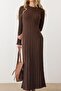 Crew Neck Thick Ribbed Long Knit Dress Brown 9363-E - 5