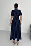 Nil Navy Flared Skirt Short Sleeve Midi Length Satin Evening Dress Navy - 5
