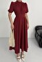 Nil Navy Blue Flared Skirt Short Sleeve Midi Length Satin Evening Dress Burgundy - 6