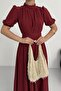 Nil Navy Blue Flared Skirt Short Sleeve Midi Length Satin Evening Dress Burgundy - 5