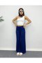 Navy Blue High Waist Palazzo Fabric Trousers with Elastic Back Waist - 5