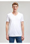 Stitching Detail V-Neck White T-Shirt Fitted / Fitted Cut 062773 -20843 - 3