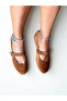 Tan Suede Genuine Leather Round Toe Buckle Women's Ballerinas - 5
