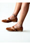 Tan Suede Genuine Leather Round Toe Buckle Women's Ballerinas - 4