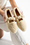Women's Beige Wool Buttoned Winter Ballerina Shoes for Home and Outdoor Use