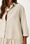 Women's Short Sleeve Striped Oversized Shirt - Beige Striped - 8