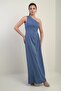 Women's One-Shoulder Side Window Detailed Long Crepe Satin Dress Slim Fit - 3