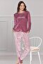 Velvet Long Sleeve Patterned Soft Winter Stylish Elegant Pajama Set with Embroidery Details 09-155 - 2