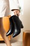 Windy Women's Black Leather Pointed Toe Zippered Thick Heeled Short Boots Bootie