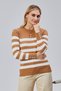 Striped Wool Women's Trendy Knitwear Sweater with Collar and Cuff Button Detail - 6