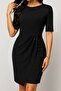 Short Sleeve Pleated Round Neck Crepe Fabric Dress