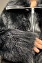 Shiny Feather Leather Detailed Zippered Women's Black Coat - 4
