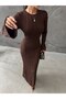 Women's Brown Self-Belted Spanish Sleeve Knitwear Dress - 2