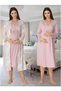 Women's Pink Special Design Patterned Long Sleeve Maternity Nightgown Nightgown Set of 2 - 4