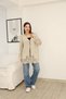 Women's Beige Button Closure Bag Pocketed Vintage Casual Cotton Knitwear Long Cardigan Cap