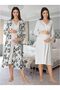Women's Ecru Special Design Patterned Long Sleeve Maternity Nightgown Nightgown Set of 2 - 3