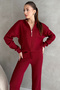 Burgundy Ribbed Knit Pants Bomber Jacket Women's Two-Piece Set - 2
