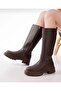 Women's Zippered Below-The-Knee Long Bitter Brown Leather Heeled Boots Brown - 2