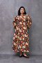 Pleated Coffee Daisy Satin Long Flared Women's Dress - 6