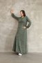 Women's Khaki Button Detailed Round Neck Long Sleeve Vintage Detailed Loose Cotton Knit Long Dress - 5