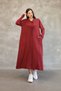 Women's Burgundy Round Neck Buckled Side Slit Vintage Detailed Cotton Knit Long Dress - 2